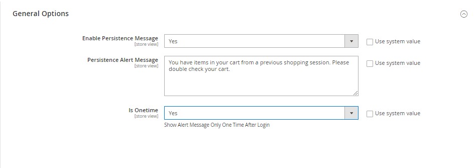 Persistent Cart Alert Configuration